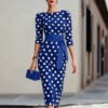 Women Elegant Black White Polka Dot Midi Dress With Waist Belt Three-Quarter Sleeve O Neck Pencil Bodycon Formal Work Office Party Dress