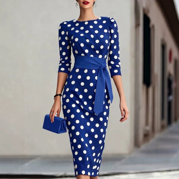 Women Elegant Black White Polka Dot Midi Dress With Waist Belt Three-Quarter Sleeve O Neck Pencil Bodycon Formal Work Office Party Dress