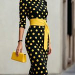 18cd1b6d-e49d-42d0-8b28-23839f276f77-1.jpg Women Elegant Black White Polka Dot Midi Dress With Waist Belt Three-Quarter Sleeve O Neck Pencil Bodycon Formal Work Office Party Dress