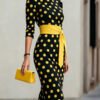 Women Elegant Black White Polka Dot Midi Dress With Waist Belt Three-Quarter Sleeve O Neck Pencil Bodycon Formal Work Office Party Dress