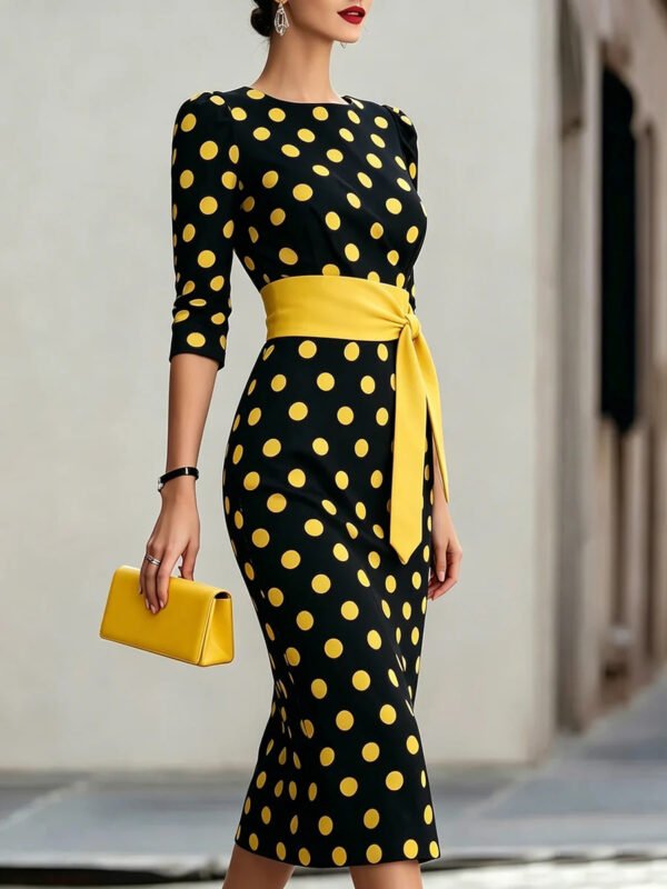 Women Elegant Black White Polka Dot Midi Dress With Waist Belt Three-Quarter Sleeve O Neck Pencil Bodycon Formal Work Office Party Dress