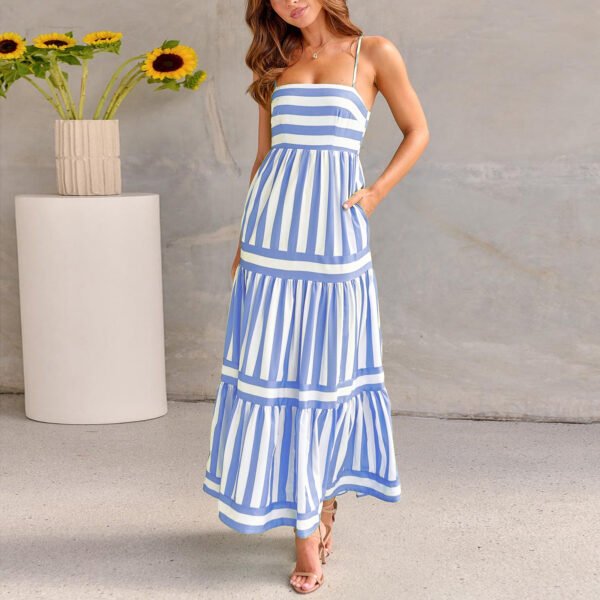 21037502-ceff-4137-a515-0987df4fd41c.jpg Summer Striped Printed Suspender Long Dress With Pockets Fashion Square Neck Backless Dresses For Beach Vacation Women Clothing