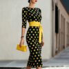 Women Elegant Black White Polka Dot Midi Dress With Waist Belt Three-Quarter Sleeve O Neck Pencil Bodycon Formal Work Office Party Dress