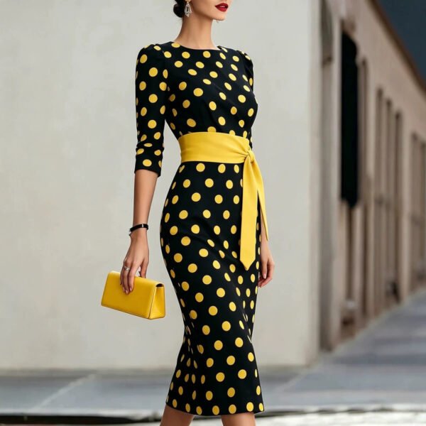 Women Elegant Black White Polka Dot Midi Dress With Waist Belt Three-Quarter Sleeve O Neck Pencil Bodycon Formal Work Office Party Dress