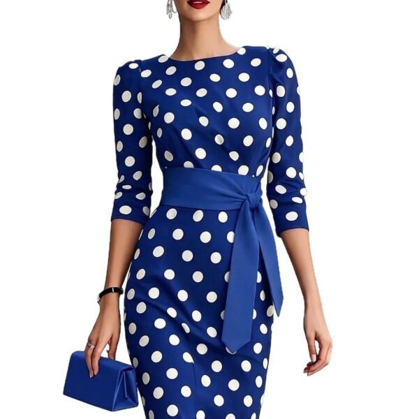 Women Elegant Black White Polka Dot Midi Dress With Waist Belt Three-Quarter Sleeve O Neck Pencil Bodycon Formal Work Office Party Dress