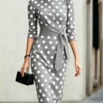 4668fe0b-a5da-4331-87ec-ac43fb117bca.jpg Women Elegant Black White Polka Dot Midi Dress With Waist Belt Three-Quarter Sleeve O Neck Pencil Bodycon Formal Work Office Party Dress