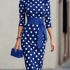 Women Elegant Black White Polka Dot Midi Dress With Waist Belt Three-Quarter Sleeve O Neck Pencil Bodycon Formal Work Office Party Dress