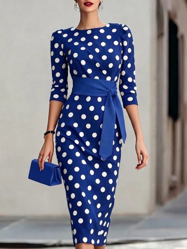 Women Elegant Black White Polka Dot Midi Dress With Waist Belt Three-Quarter Sleeve O Neck Pencil Bodycon Formal Work Office Party Dress