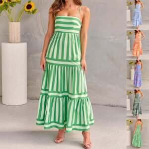 5bbe35e4-c854-42a3-9c28-e28c4602b7da.jpg Summer Striped Printed Suspender Long Dress With Pockets Fashion Square Neck Backless Dresses For Beach Vacation Women Clothing