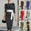 Women Elegant Black White Polka Dot Midi Dress With Waist Belt Three-Quarter Sleeve O Neck Pencil Bodycon Formal Work Office Party Dress