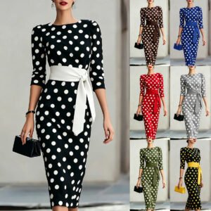 65072048-afb3-435d-acaa-86a4b97f5fb9.jpg Women Elegant Black White Polka Dot Midi Dress With Waist Belt Three-Quarter Sleeve O Neck Pencil Bodycon Formal Work Office Party Dress