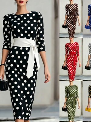 65072048-afb3-435d-acaa-86a4b97f5fb9.jpg Women Elegant Black White Polka Dot Midi Dress With Waist Belt Three-Quarter Sleeve O Neck Pencil Bodycon Formal Work Office Party Dress