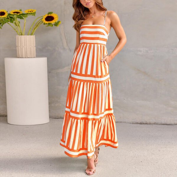 86dc2a9a-652a-4206-9ce9-e36e3ded357a.jpg Summer Striped Printed Suspender Long Dress With Pockets Fashion Square Neck Backless Dresses For Beach Vacation Women Clothing