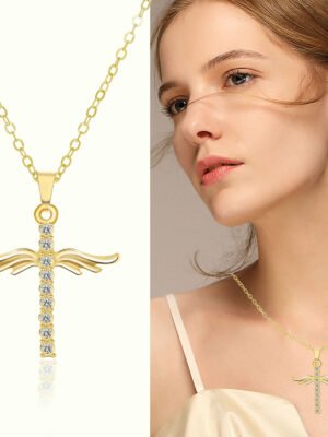 Angel Wings Cross Pendant Necklace For Woman With O Type Stainless Steel Chain Necklace Jewelry Gift