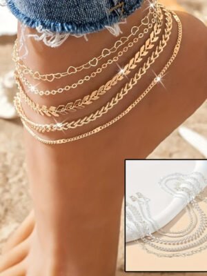 94f53985-cab8-49e8-88ce-c7781ceea59a.jpg 5Pcs Bohemian Airplane Chain Ankle Chain Fashion Design Heart-shaped Chain Anklets Women's Summer Beach On Foot Chain Jewelry