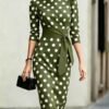 Women Elegant Black White Polka Dot Midi Dress With Waist Belt Three-Quarter Sleeve O Neck Pencil Bodycon Formal Work Office Party Dress