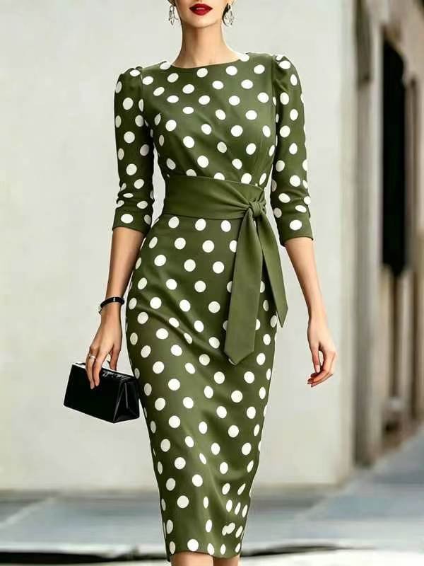 Women Elegant Black White Polka Dot Midi Dress With Waist Belt Three-Quarter Sleeve O Neck Pencil Bodycon Formal Work Office Party Dress