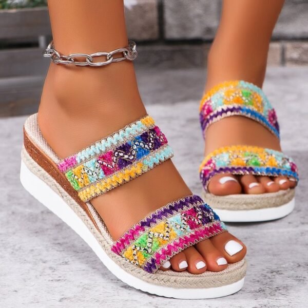 9a00f50b-350f-4f3a-8006-daec5f442dcb.jpg Fashion Wavy Pattern Woven Sandals Summer Casual Ethnic Style Slippers Linen Bottom Wide Strap Wedges Shoes For Women