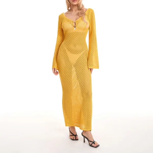 A62869e0d6af84c5fb0208b417da1a493I.webp Yiiciovy Sexy Women Long Knit Beach Dress Hollow-Out Deep V-Neck Long Sleeve Bikini Cover-Ups Dress Fall Backless Holiday Dress