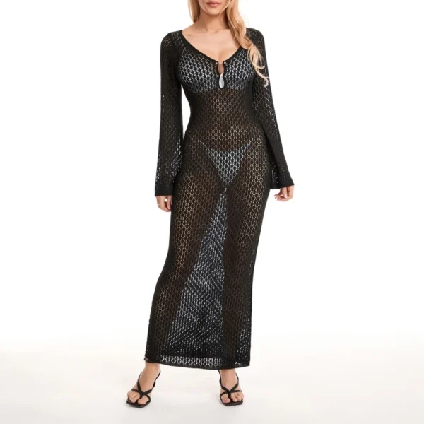 A6ab0f0912db24cdab1117255faebf9a4T.webp Yiiciovy Sexy Women Long Knit Beach Dress Hollow-Out Deep V-Neck Long Sleeve Bikini Cover-Ups Dress Fall Backless Holiday Dress
