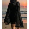 S181c7792164444dfbebea223921a7055P.webp Pure Color Hollow Out Side Slit Top,Casual Loose Fit Long Sleeve Beach Cover-Up,Vacation Style,Plain Pattern,Fashion Beachwear