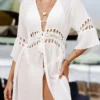 S1af4f487f50448258465582b0085835bO.webp Summer Dress Crochet Boho Beach Swimsuit Cover Up Lace-Up Long Blouse Hollow Out Open-Front Cover-Up Duster Kimono Beach Dress