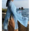 S22238da1ba134c3aaf3df2a59c3578d27.webp Pure Color Hollow Out Side Slit Top,Casual Loose Fit Long Sleeve Beach Cover-Up,Vacation Style,Plain Pattern,Fashion Beachwear