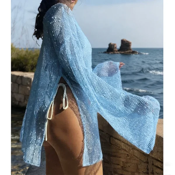 S22238da1ba134c3aaf3df2a59c3578d27.webp Pure Color Hollow Out Side Slit Top,Casual Loose Fit Long Sleeve Beach Cover-Up,Vacation Style,Plain Pattern,Fashion Beachwear