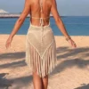 Scalloped Tassels Backless Crochet Knitted Tunic Beach Cover Up Cover-ups Beach Dress Beach Wear Beachwear Female Women V8337