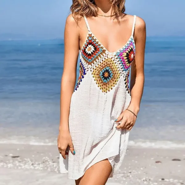 Hand-Knitted Colorful Patterned V-Neck Bikini Cover-Up Dress Beachwear Women's Transparent Hollow out Breathable Sarong Dress