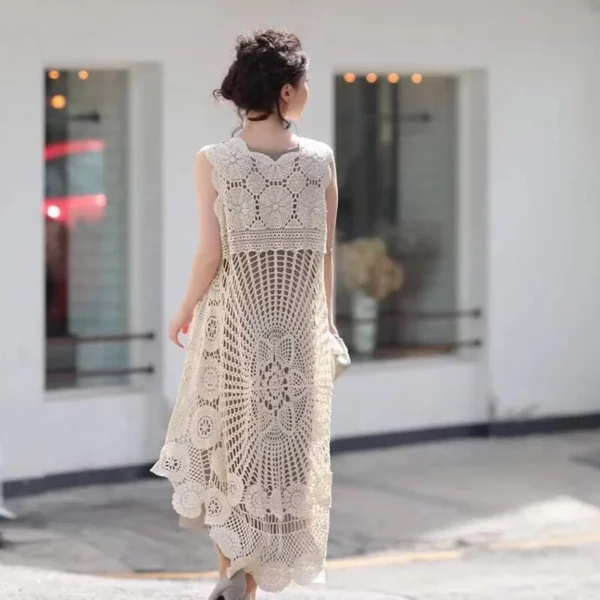 S2f0b02217dd94e52bec24fee136851b8j.webp Crochet Beach Dress Lace Women Summer Seaside Bikini Cover Up Oversize Sexy Sleeveless Hollow Out Front Short Back Long