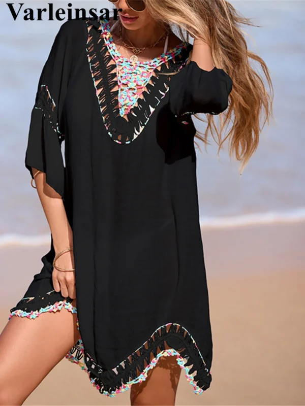 S45400897be2643ff885eeaf2bc32c94dm.webp Beach Wear Beachwear Female Women Colorful Half Sleeve Backless Crochet Knitted Tunic Beach Cover Up Cover-ups Beach Dress V7537