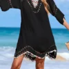 S47193ba2493c4557b96751aecd000c85U.webp Beach Wear Beachwear Female Women Colorful Half Sleeve Backless Crochet Knitted Tunic Beach Cover Up Cover-ups Beach Dress V7537