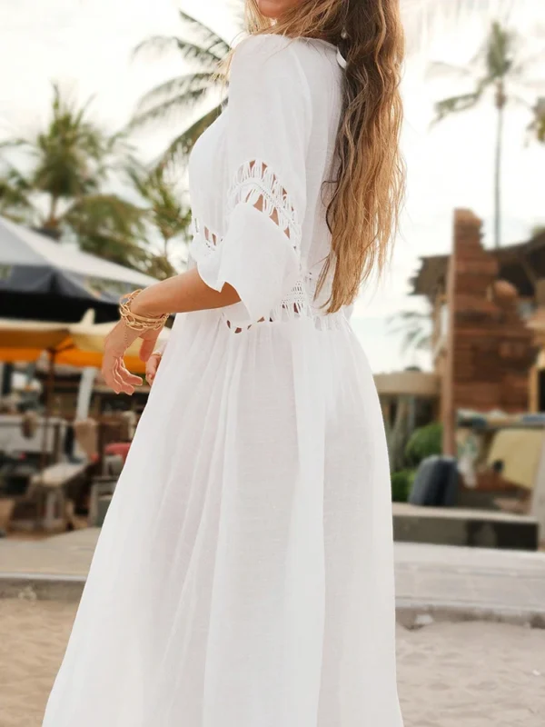 S4f33fd3792664f308ff16d8ccf9d84c9Z.webp Summer Dress Crochet Boho Beach Swimsuit Cover Up Lace-Up Long Blouse Hollow Out Open-Front Cover-Up Duster Kimono Beach Dress