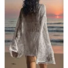 S50d057031c2241b8b241767a6c024b94G.webp Pure Color Hollow Out Side Slit Top,Casual Loose Fit Long Sleeve Beach Cover-Up,Vacation Style,Plain Pattern,Fashion Beachwear