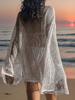S50d057031c2241b8b241767a6c024b94G.webp Pure Color Hollow Out Side Slit Top,Casual Loose Fit Long Sleeve Beach Cover-Up,Vacation Style,Plain Pattern,Fashion Beachwear