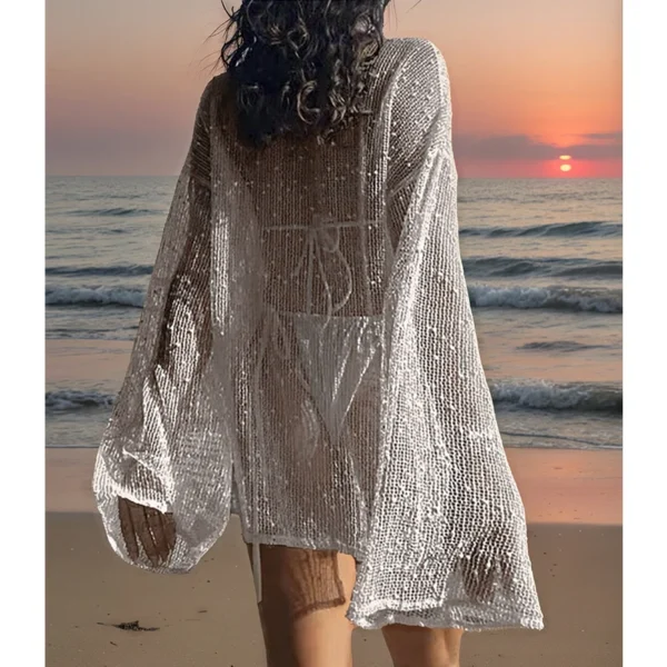 S50d057031c2241b8b241767a6c024b94G.webp Pure Color Hollow Out Side Slit Top,Casual Loose Fit Long Sleeve Beach Cover-Up,Vacation Style,Plain Pattern,Fashion Beachwear