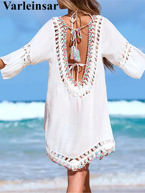 S52c103405db348a3b369a76c94c1760cZ.webp Beach Wear Beachwear Female Women Colorful Half Sleeve Backless Crochet Knitted Tunic Beach Cover Up Cover-ups Beach Dress V7537
