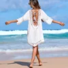 Colorful Hand Hook Lace Trim See-through Dress, Fashion Casual Backless Tie Up Beach Cover-Up，Perfect for vacation Wear