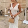 Solid Color Hollow Knitted Beach Vacation Dress Elegant Sleeveless Skinny Cover-up Dress Women Sexy Perspective Swimwear Dress