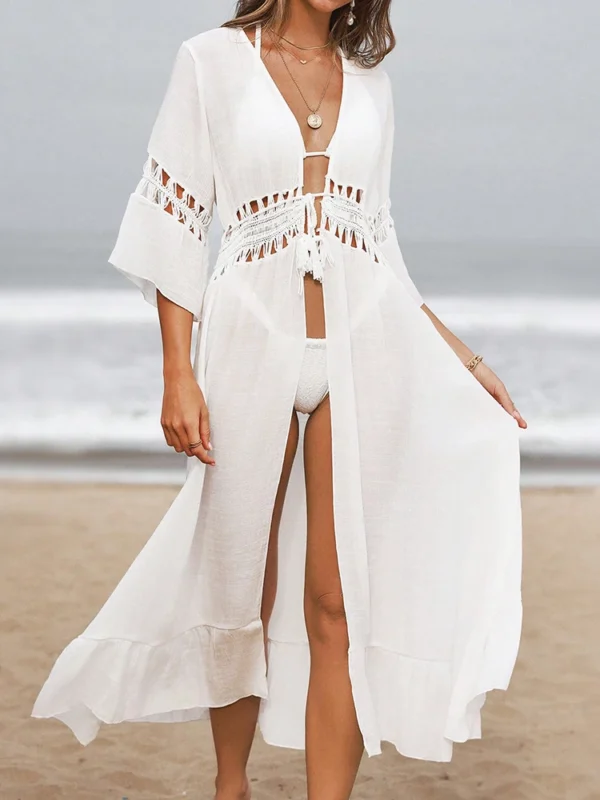 S5dc4f69c36da4386bea6b9726a493595P.webp Summer Dress Crochet Boho Beach Swimsuit Cover Up Lace-Up Long Blouse Hollow Out Open-Front Cover-Up Duster Kimono Beach Dress