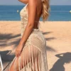 Scalloped Tassels Backless Crochet Knitted Tunic Beach Cover Up Cover-ups Beach Dress Beach Wear Beachwear Female Women V8337