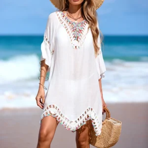 S7596359f48db4ebb8ec885bbd51476ceo.webp Colorful Hand Hook Lace Trim See-through Dress, Fashion Casual Backless Tie Up Beach Cover-Up,Perfect for vacation Wear