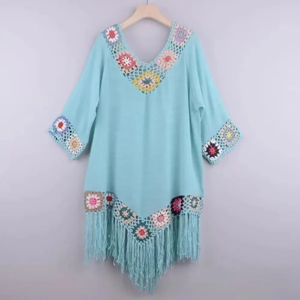 S7823b5b709a04038ac56c62fd9812627b.webp Fashion Fringe Trim Bikini Cover Up V-Neck Hollow Design Beach Cover-Up Crochet Pattern Bathing Suit Cover for Women