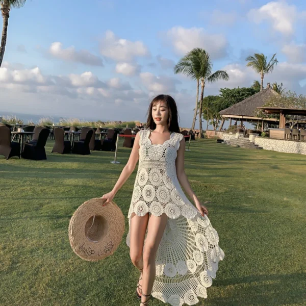 S78e33e7fd83f40828cef5daee8ccb09bL.webp Crochet Beach Dress Lace Women Summer Seaside Bikini Cover Up Oversize Sexy Sleeveless Hollow Out Front Short Back Long