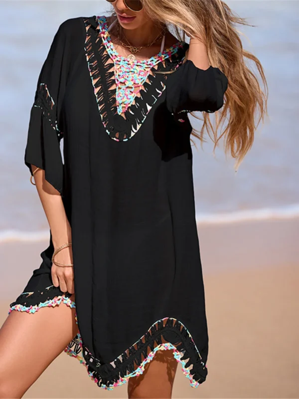 S8c20866e219348b39e7595b389f4662bQ.webp Beach Wear Beachwear Female Women Colorful Half Sleeve Backless Crochet Knitted Tunic Beach Cover Up Cover-ups Beach Dress V7537