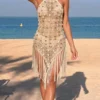 Scalloped Tassels Backless Crochet Knitted Tunic Beach Cover Up Cover-ups Beach Dress Beach Wear Beachwear Female Women V8337