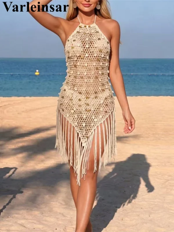 Scalloped Tassels Backless Crochet Knitted Tunic Beach Cover Up Cover-ups Beach Dress Beach Wear Beachwear Female Women V8337