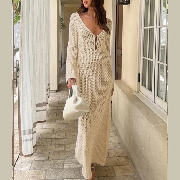 S8e98cfe1e9354f54b8b9bd2393e7a0bbh.webp Yiiciovy Sexy Women Long Knit Beach Dress Hollow-Out Deep V-Neck Long Sleeve Bikini Cover-Ups Dress Fall Backless Holiday Dress