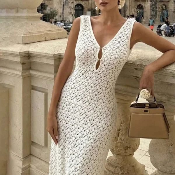 Solid Color Hollow Knitted Beach Vacation Dress Elegant Sleeveless Skinny Cover-up Dress Women Sexy Perspective Swimwear Dress